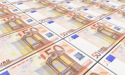 Obraz na płótnie Canvas European currency bills stacks background. Computer generated 3D photo rendering.