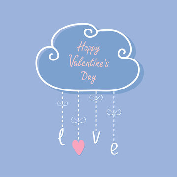 Happy Valentines Day. Cloud with hanging rain button drops, bow, word love. Heart shape. Dash line Flat design Rose quartz serenity color background