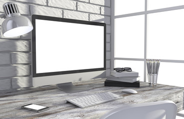 Fototapeta premium 3D illustration PC screen on table in office, Workspace