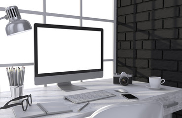 Fototapeta premium 3D illustration PC screen on table in office, Workspace