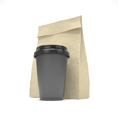 Coffee to go and lunch bag, on white.