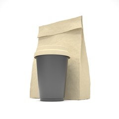Coffee to go and lunch bag, on white.