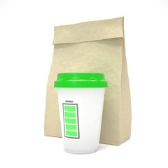 Coffee to go and lunch bag, on white.