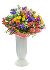 Bouquet of roses, iris, alstroemeria, nerine and other flowers.