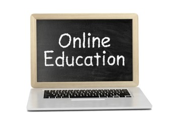  Laptop with chalkboard, online education concept