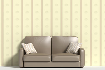 Three-dimensional sofa with pillows against of wall