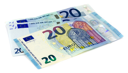 Twenty Euro banknote on white background.