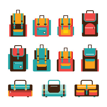 Colorful travel bag and packpack set Modern flat design
