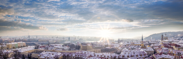 Fototapeta premium Panorama of famous Prague during winter time in Czech Republic