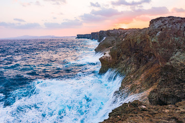 Sunrise, sea, cliffs, seascape. Okinawa, Japan.