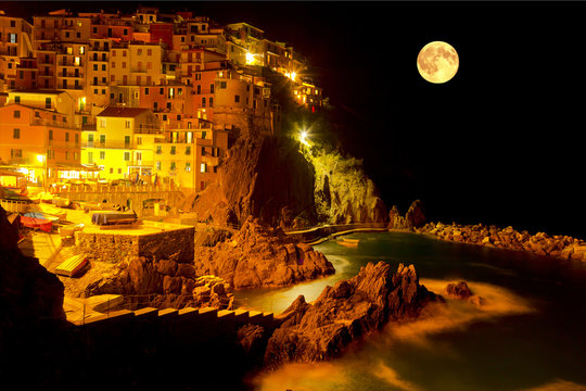 Moonlit night Manarola, Liguria, Italy