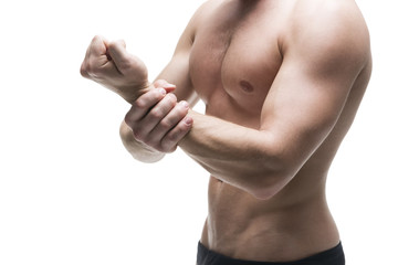 Obraz premium Pain in the hand. Muscular male body. Isolated on white background