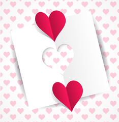 Card heart-shaped cutting and two origami hearts - Valentines day card on a gentle background with hearts pattern. Valentine's day greeting card with cut paper heart. Vector illustration