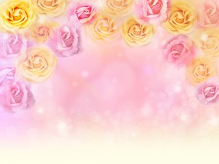 romantic pink and yellow roses border background or love concept