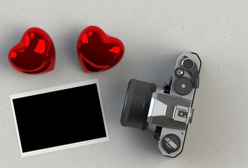 top view image of red heart , blank photo and vintage photo camera on white background. valentine's day celebration concept.