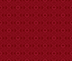 Red seamless poker background with dark red damask pattern and cards symbols
