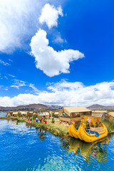 Naklejka premium Totora boat on the Titicaca lake near Puno, Peru