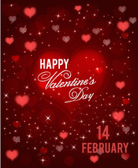 Red happy Valentines Day greeting card with hearts and sparkels. Vector.