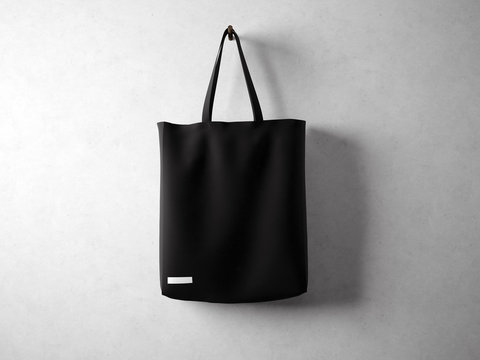 Black cotton textile bag holding, neutral background. Horizontal 3d render