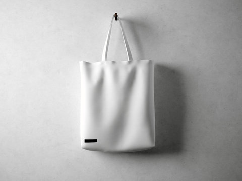 White cotton textile bag holding, neutral background. Horizontal 3d render