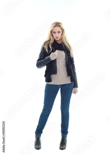 Beautiful Young Woman With Long Blonde Hair Wearing Black Leather