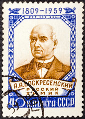 USSR - CIRCA 1959: A stamp printed in USSR shows portrait of Resurrection - Russian chemist (1809-1959), series, circa 1959