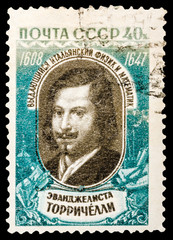 USSR - CIRCA 1959: A stamp printed in USSR shows portrait of Evangelista Torricelli (1608-1647), series, circa 1959