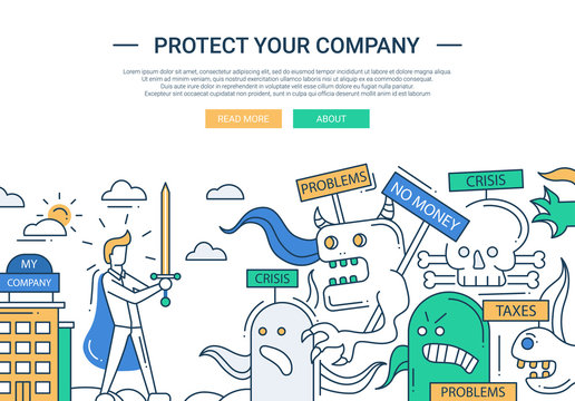 Protect your company line flat design banner with superhero businessman.