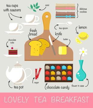 Flat illustration with food dessert and tasty breakfast food elements.