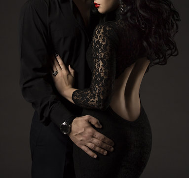 Couple in Black, Woman and Man no Faces, Sexy Lady Lace Dress