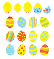 Easter eggs , cute chicks collection / set of vectors icons on white background