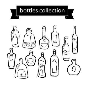Hand drawn black stroked alcohol bottles collection.