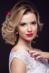 Fototapeta premium beautiful blond girl in image of the bride with purple flowers on her head. Beauty face. 