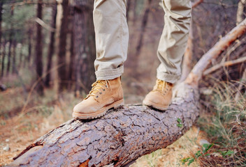 Hiker walking on tree trunk