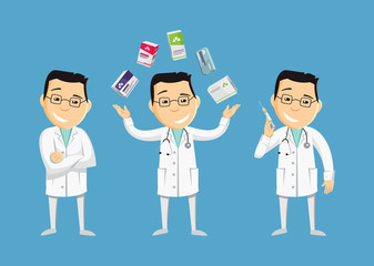 Set of funny caricatures doctor in various poses. Collection gestures. Vitamins and antibiotics. Injection. The best medical health care. Funny vector flat simple illustration.