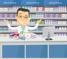 Pharmacist chemist man in pharmacy. Sale of vitamins and medications. Funny cartoon flat vector simple illustration.