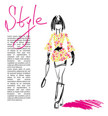Fashion illustration made with rhinestones gems and hand drawn girl silhouette
