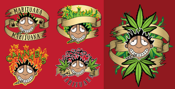 Happy relaxed rastafarian guy smoking marijuana joint with cannabis leaf decoration vector illustration