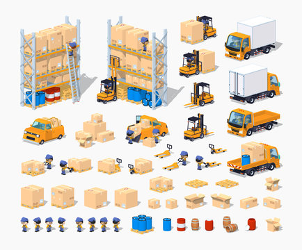 Warehouse. 3D lowpoly isometric vector illustration. The set of objects isolated against the white background and shown from different sides