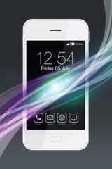White smartphone with colorful wave effect.