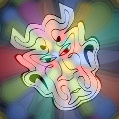 Semitransparent devil face mysterious mask on abstract rainbow background. Psychedelic illustration, useful as carnival decoration
