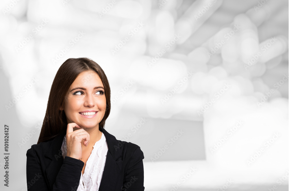 Poster smiling woman portrait, large copy-space