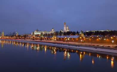Panorama of the Moscow Kremlin in the winter night
