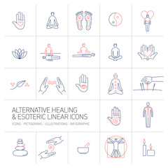 alternative healing and esoteric linear icons set blue and red o - obrazy, fototapety, plakaty