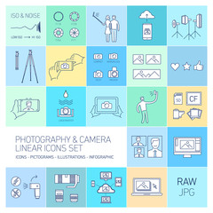 linear vector photography and camera icons set isolated on color