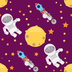 Childish seamless space pattern with planets, UFO, rockets and stars.