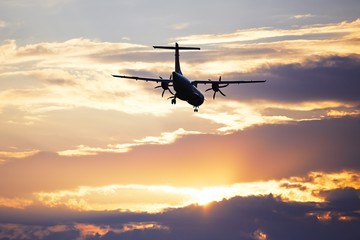 Airplane at the sunset