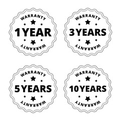 Black and white warranty stickers, badges with star, cut out lin