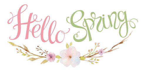Hand drawn lettering  Hello Spring and a bunch of flowers, branches.