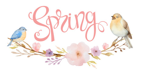 Hand drawn lettering  Spring and a bunch of flowers, branches and birds.